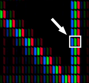 A computer screen pixel composed of red, green and blue light